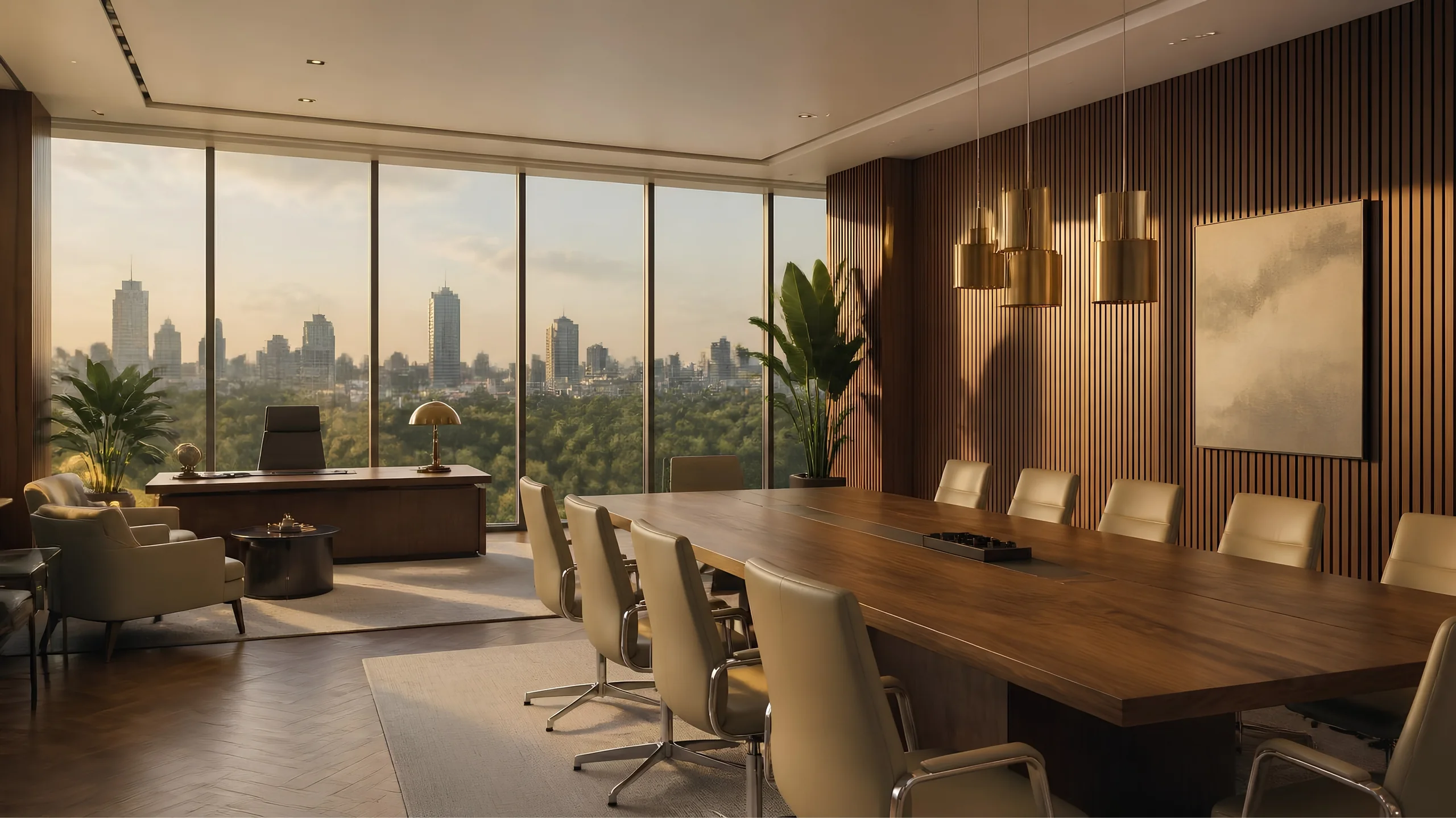 Executive boardroom overlooking Nairobi at golden hour