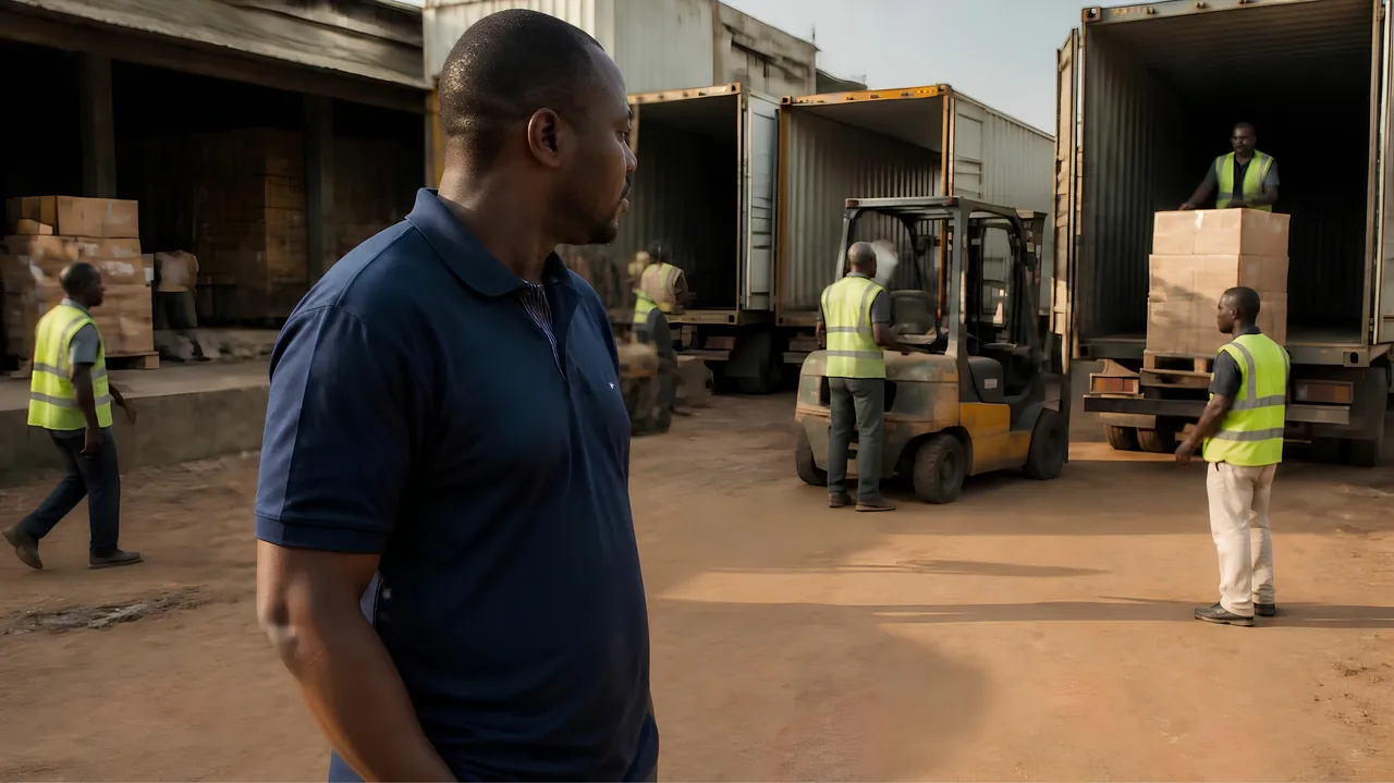 Operations manager supervising trucks being loaded in a logistics yard