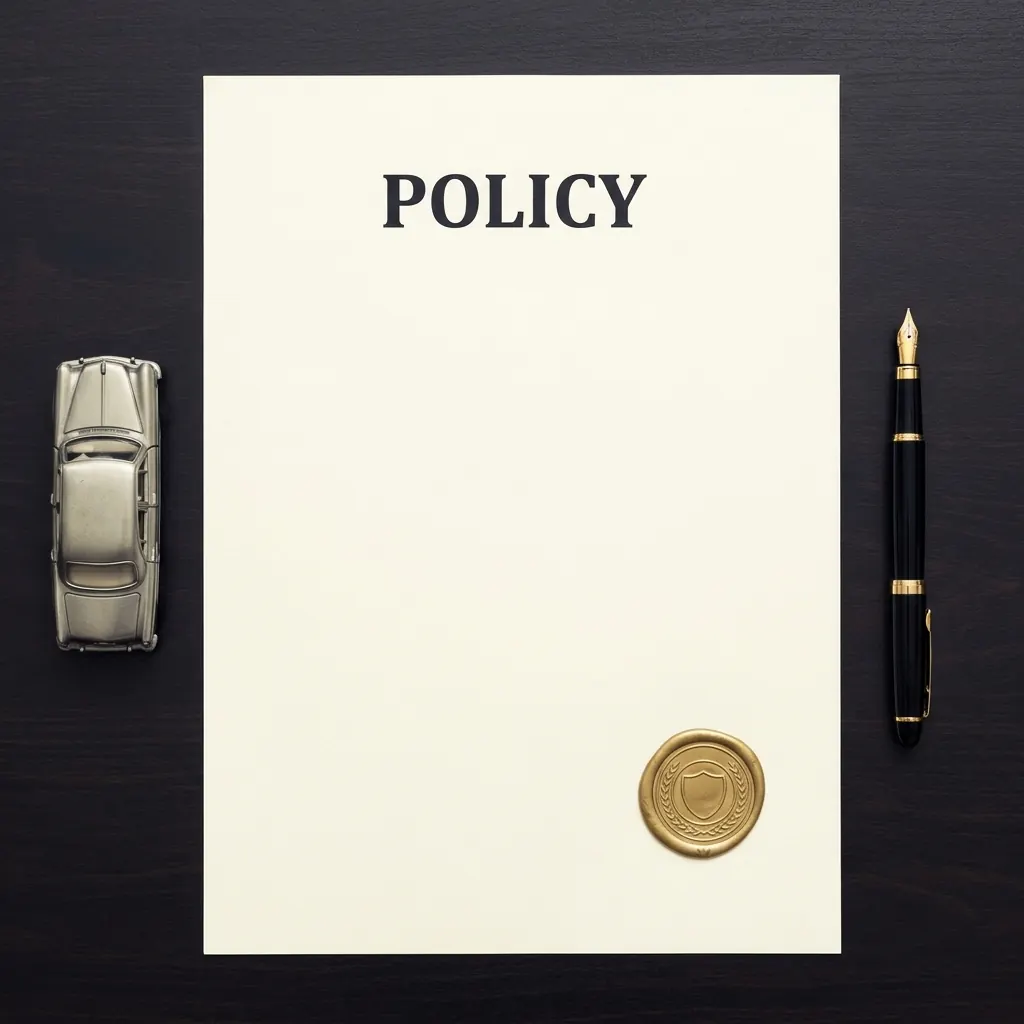 An overhead shot of a policy document, a wax seal stamp and a fountain pen on a desk