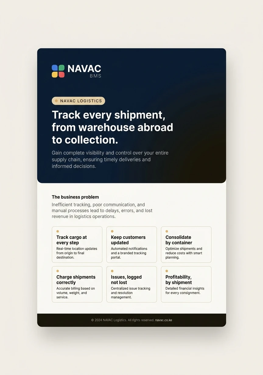 The cover of the NAVAC Logistics product brochure